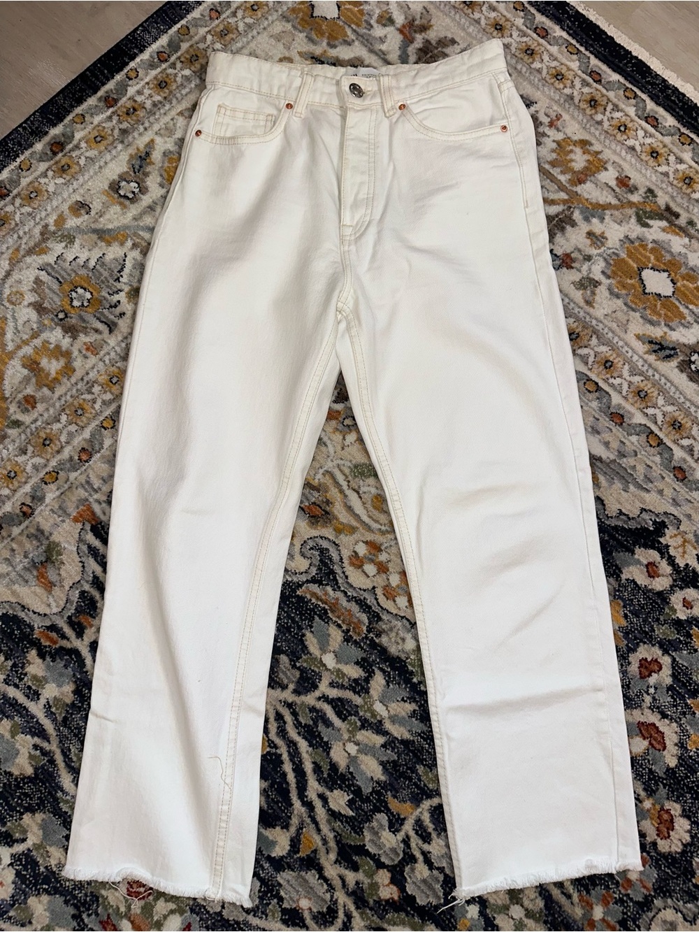 Zara Off-White Straight Leg Button Down Jeans